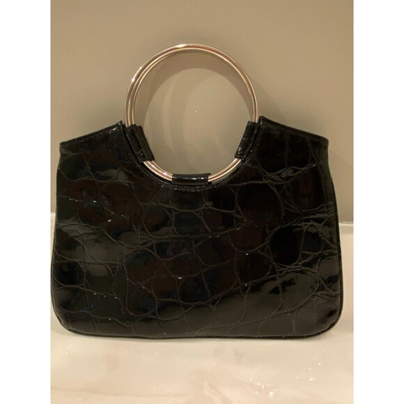 Black Patent Faux Leather Alligator? Print Handbag Unique Silver Hoop Handle - Picture 2 of 8
